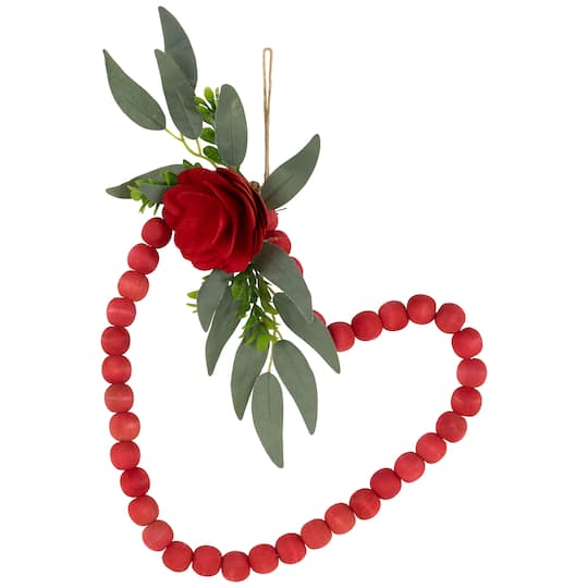 10.25" Red Wooden Beads with Rose Valentine's Day Heart Wall Decoration